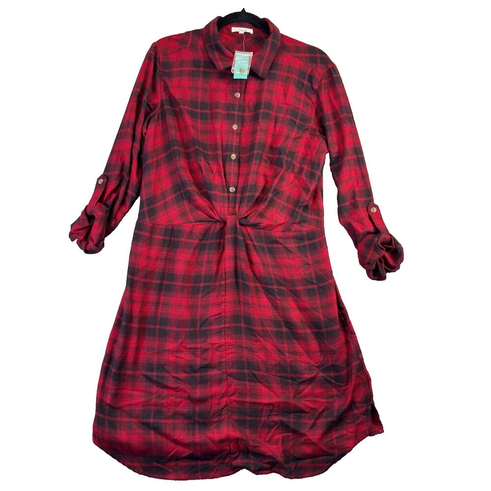 Maurices Dress Womens Large Red Black Plaid Twist Front Button Roll Tab Sleeve